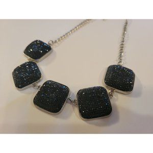 Vintage Statement Necklace with 5 Textured Black Glass pieces in a silver square